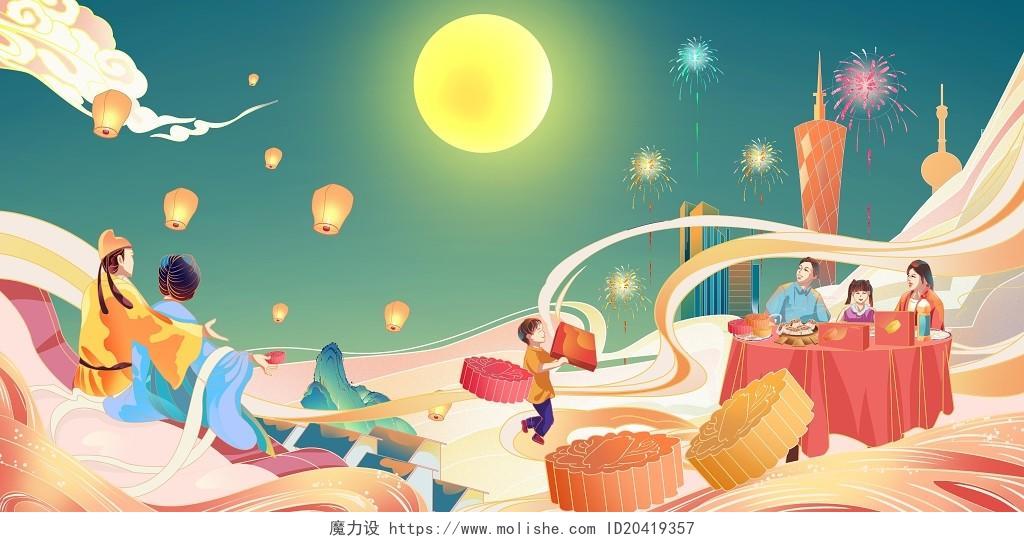 国潮国潮风中秋中秋节团圆插画背景海报素材